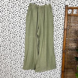 CP Shades | Linen Sausalito Olive Green Wide Leg Pull On Lagenlook Flowy Pants L